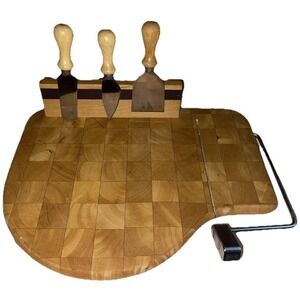 Vintage MCM Prodyne Magnetic Wood Cheese Board - Wire Cutter & 3 Knife Set